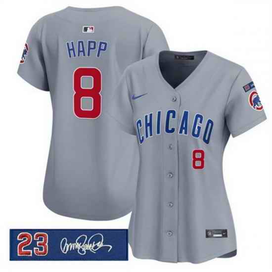 Women Chicago Cubs 8 lan Happ Gray Ryne Sandberg Tribute Vapor Limited V3 Stitched Baseball Jersey