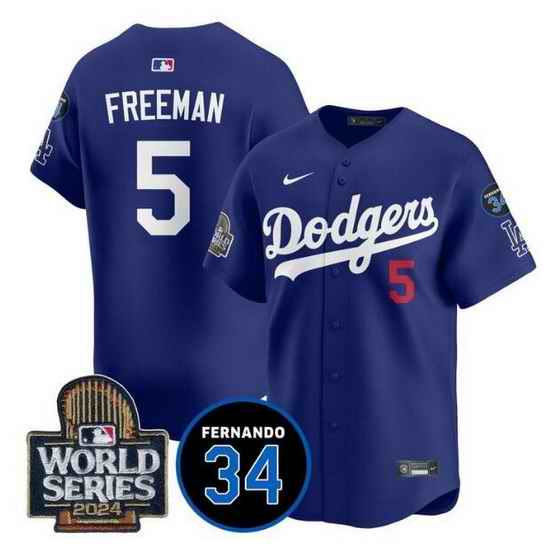 Men Los Angeles Dodgers 5 Freddie Freeman Royal 2024 World Series With Fernando Memorial Patch Limited Stitched Baseball Jersey