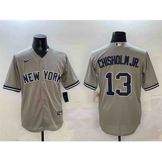 Men New York Yankees 13 Jazz Chisholm Jr  Grey Cool Base Stitched Baseball Jersey