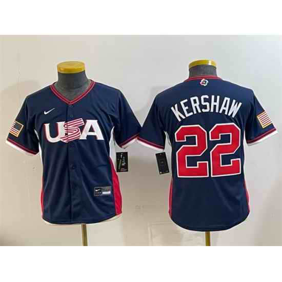 Youth USA Baseball  22 Clayton Kershaw Navy 2026 World Baseball Classic Stadium Stitched Baseball Jersey