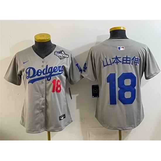 Youth Los Angeles Dodgers 18  Yoshinobu Yamamoto Grey 2025 World Series Patch Limited Stitched Baseball Jersey