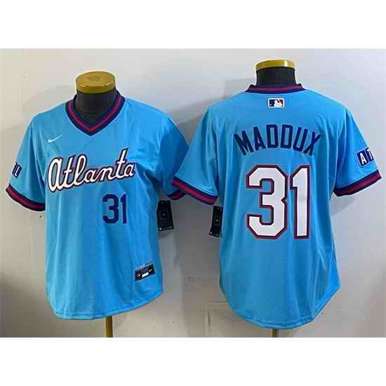 Youth Atlanta Braves 31 Greg Maddux Powder Blue 2026 City Connect Stadium Stitched Baseball Jersey
