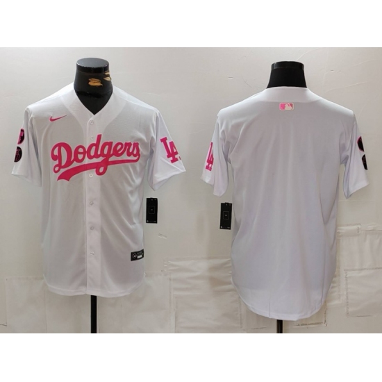 Men Los Angeles Dodgers Team Big Logo White Pink Vin  26 Kobe Patch Stitched Baseball Jersey 3