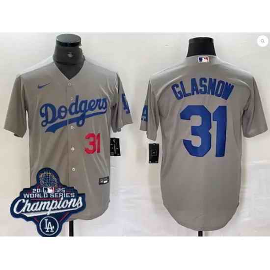 Men Los Angeles Dodgers 31 Tyler Glasnow Cool Base 2025 World Champions Stitched Baseball Jersey Gray