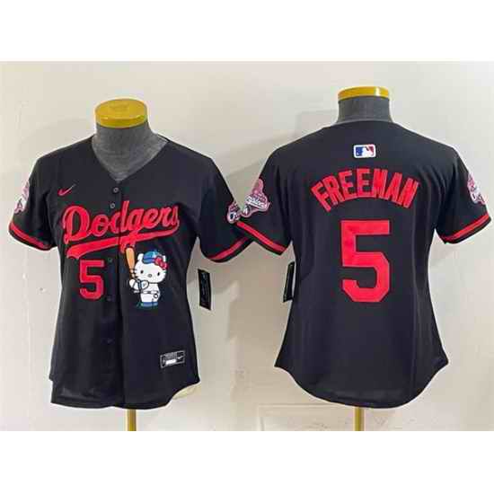 Women Los Angeles Dodgers  5 Freddie Freeman Black Hello Kitty Night 2025 World Series Champions Patch Stitched Baseball Jersey
