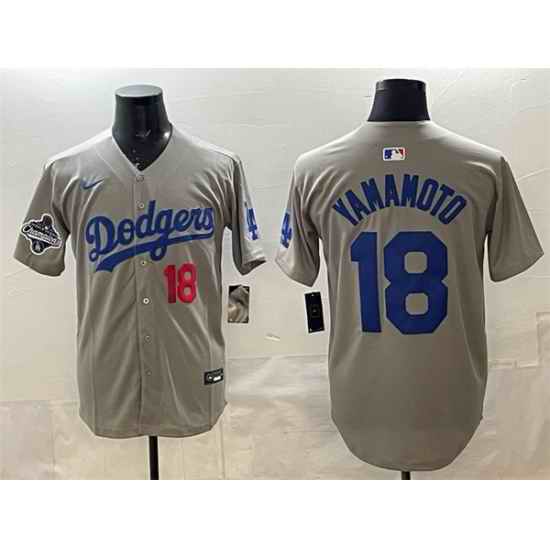 Men Los Angeles Dodgers 18 Yoshinobu Yamamoto Grey 2025 World Series Champions Patch Limited Stitched Baseball Jersey