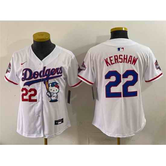 Women Los Angeles Dodgers  22 Clayton Kershaw White Hello Kitty Night 2025 World Series Champions Patch Stitched Baseball Jersey