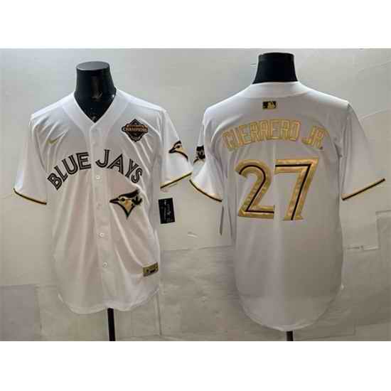 Men Toronto Blue Jays 27 Vladimir Guerrero Jr  White Gold 2025 American League Champions Limited Stitched Baseball Jersey