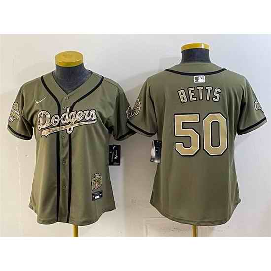Women Los Angeles Dodgers  50 Mookie Betts Olive 2026 Military Appreciation Game Day Stitched Baseball Jersey