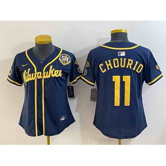 Women Milwaukee Brewers 11 Jackson Chourio Navy With Home  Bob Uecker Patch Limited Stitched Jersey