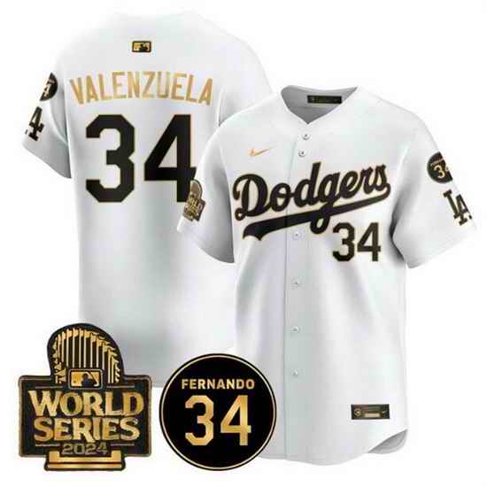 Men Los Angeles Dodgers 34 Toro Valenzuela White Gold 2024 World Series With Fernando Memorial Patch Limited Stitched Baseball Jersey