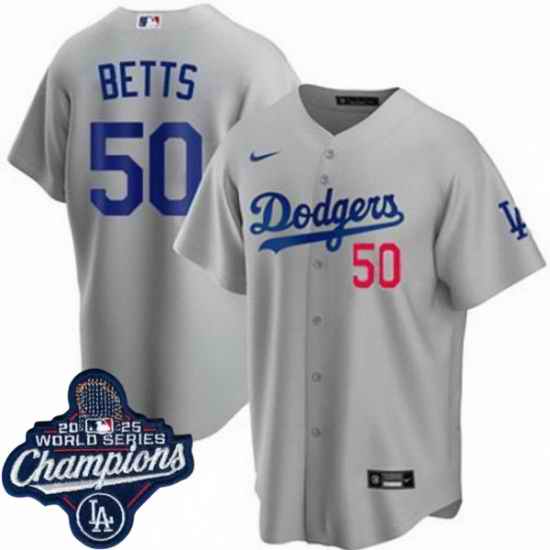 Men Los Angeles Dodgers 50 Mookie Betts Cool Base 2025 World Champions Stitched Baseball Jersey Gray
