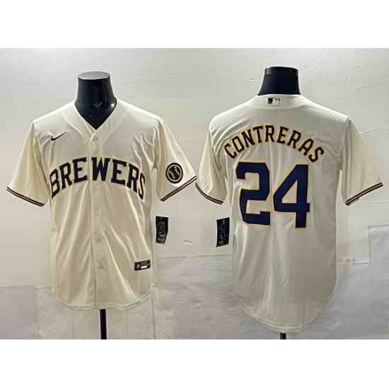 Men Milwaukee Brewers 24 William Contreras Cream With Patch Stitched Baseball Jersey