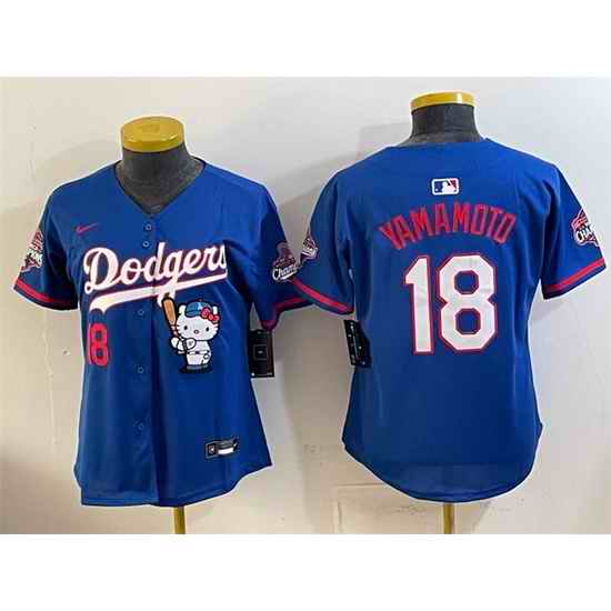 Women Los Angeles Dodgers  18 Yoshinobu Yamamoto Royal Hello Kitty Night 2025 World Series Champions Patch Stitched Baseball Jersey