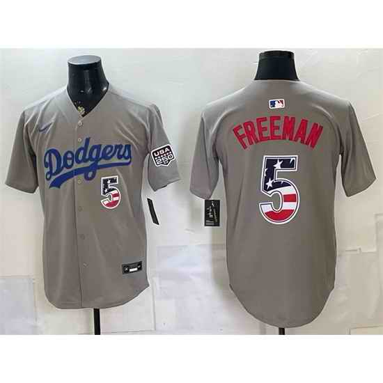 Men Los Angeles Dodgers  5 Freddie Freeman Grey 250 Fourth of July Road Stitched Baseball Jersey