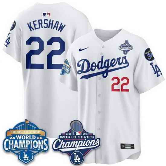 Men Los Angeles Dodgers 22 Clayton Kershaw White 2025 World Series Champions  26 Back to Back Champions With No 34 Patch Limited Stitched Baseball Jersey