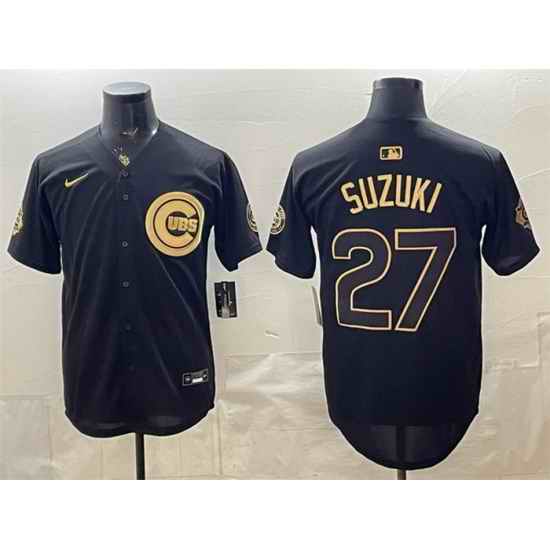 Men Chicago Cubs  27 Seiya Suzuki Black Gold 150th Anniversary Patch Stitched Baseball Jersey
