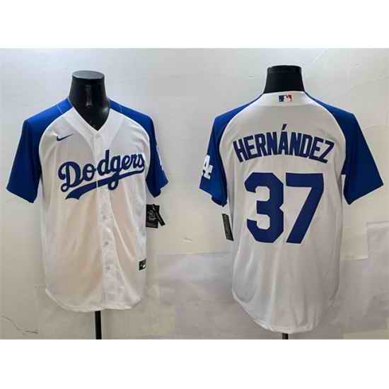 Men Los Angeles Dodgers 37 Teoscar Hernandez White Blue Cool Base Stitched Baseball Jersey