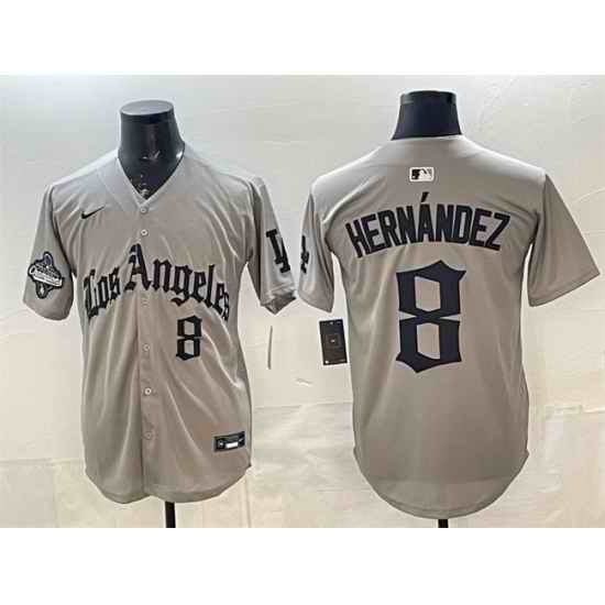 Men Los Angeles Dodgers 8 Enrique Hern E1ndez Grey LA Gothic Style With 2025 World Series Champions Patch Limited Stitched Baseball Jersey