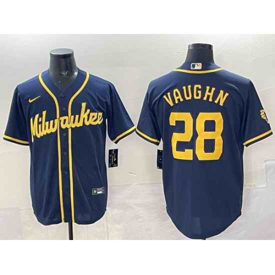 Men Milwaukee Brewers 28 Andrew Vaughn Navy 2025 With Patch Stitched Baseball Jersey