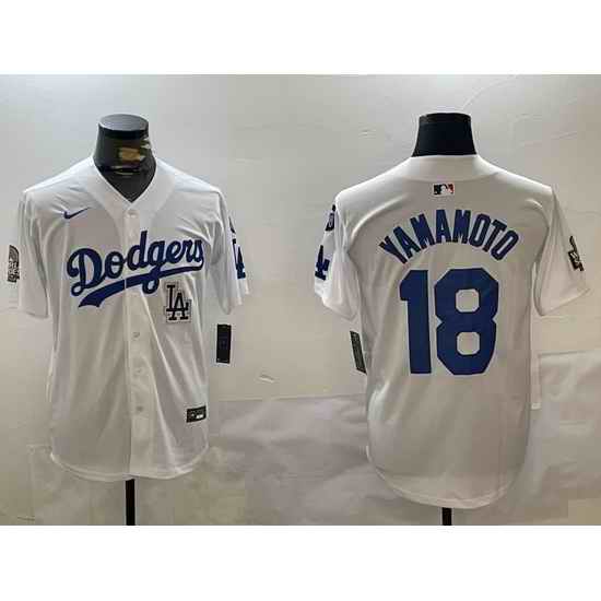 Men Los Angeles Dodgers 18 Yoshinobu Yamamoto White 2024 World Series With Fernando Memorial Patch Home Limited Stitched Baseball Jersey 5