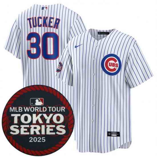 Men Chicago Cubs 30 Kyle Tucker White 2025 World Tour Tokyo Series Home Stitched Baseball Jersey