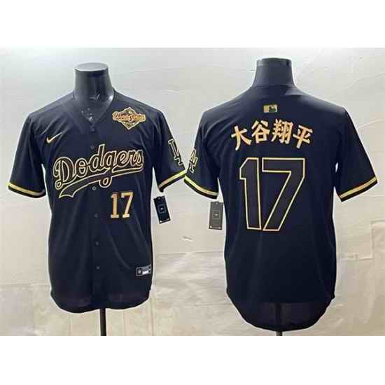 Men Los Angeles Dodgers 17  Shohei Ohtani Black Gold 2025 World Series Patch Limited Stitched Baseball Jersey
