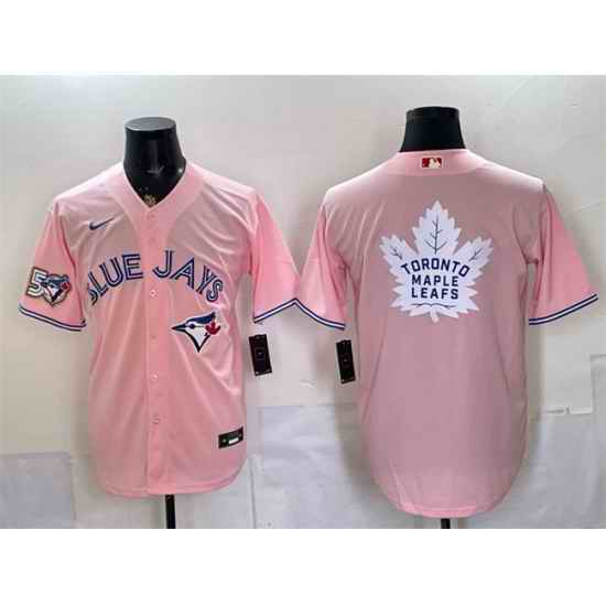 Men Toronto Blue Jays   Leafs With White Leafs Logo Pink 50 Seasons Patch Stitched Baseball Jersey