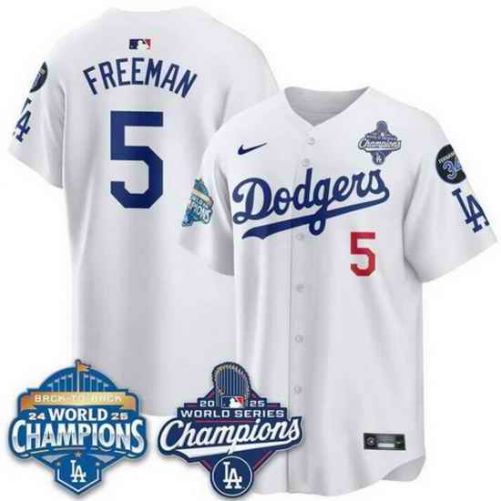 Men Los Angeles Dodgers 5 Freddie Freeman White 2025 World Series Champions  26 Back to Back Champions With No 34 Patch Limited Stitched Baseball Jersey