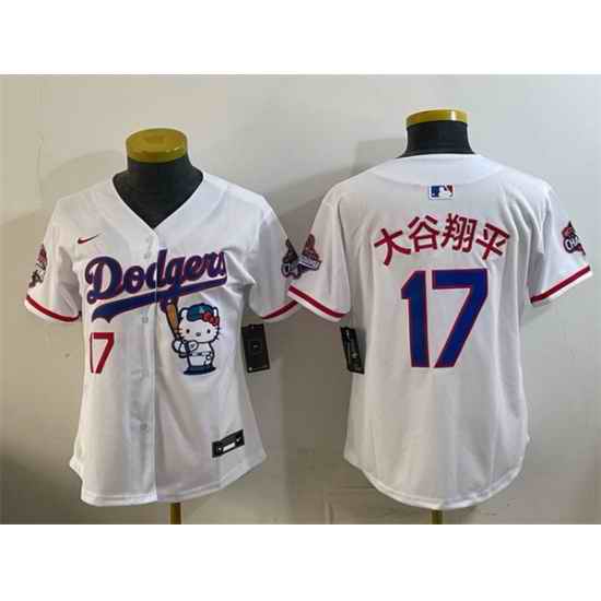 Women Los Angeles Dodgers  17 Shohei Ohtani White Hello Kitty Night 2025 World Series Champions Patch Stitched Baseball Jersey