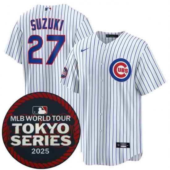 Men Chicago Cubs 27 Seiya Suzuki White 2025 World Tour Tokyo Series Home Stitched Baseball Jersey