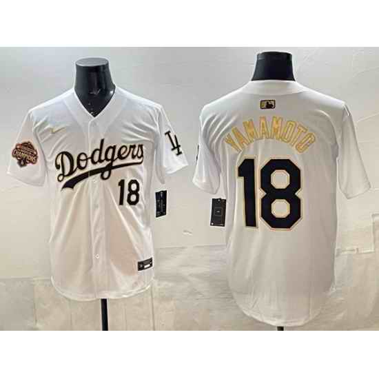 Men Los Angeles Dodgers 18 Yoshinobu Yamamoto White Gold 2025 Back to Back Champions Patch Limited Stitched Baseball Jersey