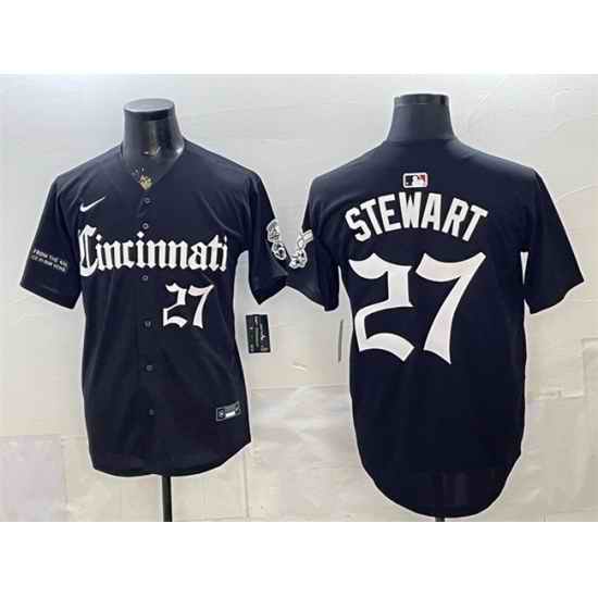 Men Cincinnati Reds  27 Sal Stewart Black  Gothic Queen City Edition  Vapor Premier Limited Stitched Baseball Jersey