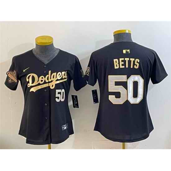 Women Los Angeles Dodgers 50 Mookie Betts Black Gold 2025 World Series Champions Patch Limited Stitched Baseball Jersey