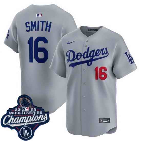 Men Los Angeles Dodgers 16 Will Smith Cool Base 2025 World Champions Stitched Baseball Jersey Gray