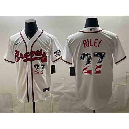 Men Atlanta Braves  27 Austin Riley White USA 250 Fourth of July Home Stadium Stitched
