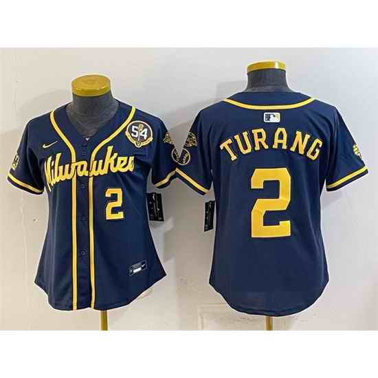 Youth Milwaukee Brewers 2 Brice Turang Navy With Home  Bob Uecker Patch Limited Stitched Jersey