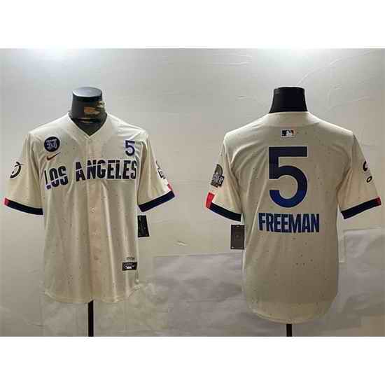 Men Los Angeles Dodgers 5 Freddie Freeman Cream 2024 World Series With Fernando Memorial Patch City Connect Limited Stitched Baseball Jersey
