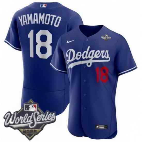 Men Los Angeles Dodgers 18 Yoshinobu Yamamoto 2025 World Series Cool Base Stitched Baseball Jersey Blue