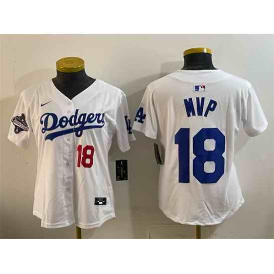 Women Los Angeles Dodgers 18 MVP White 2025 World Series Champions Patch Limited Stitched Baseball Jersey