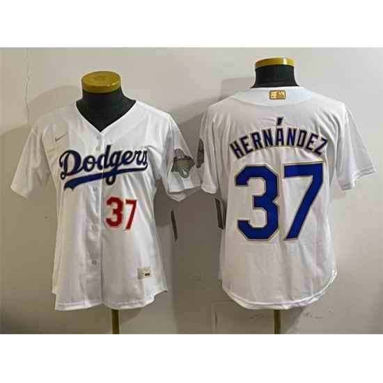 Youth Los Angeles Dodgers  37 Teoscar Hern%C3%A1ndez White 2026 Gold Collection Stadium Stitched Baseball Jersey