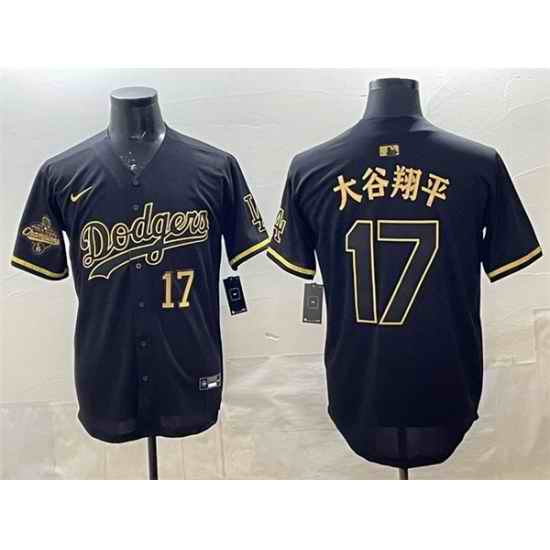 Men Los Angeles Dodgers 17  Shohei Ohtani Black Gold 2025 World Series Champions Patch Limited Stitched Baseball Jersey