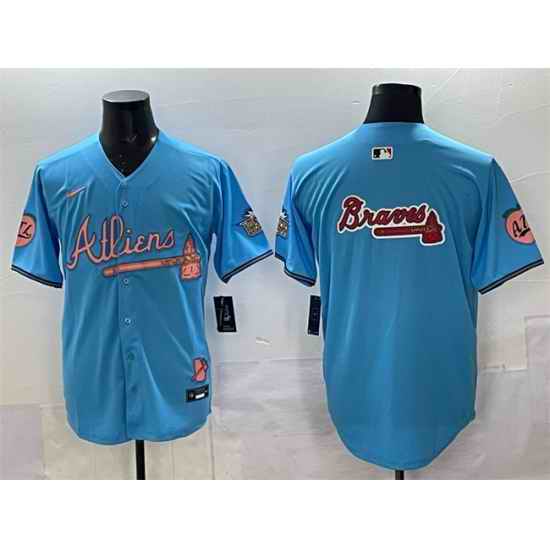 Men Atlanta Braves Team Big Logo Blue 2024 Atliens  26 Peach With Outkast Patch Vapor Limited Stitched Baseball Jersey