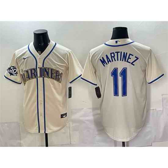 Men Seattle Mariners  11 Edgar Martinez Cream 50th Anniversary Patch Stitched Baseball Jersey