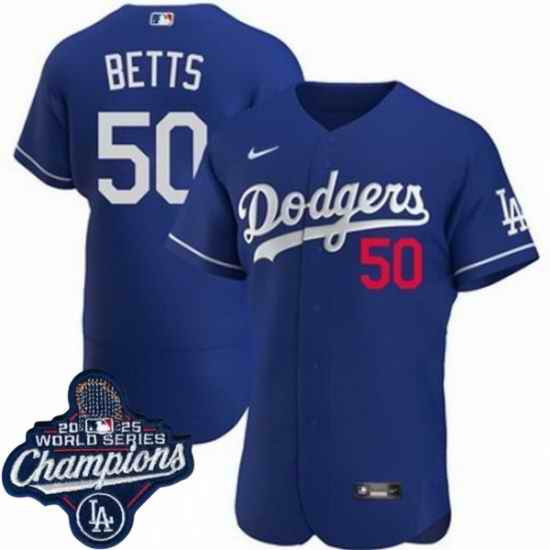 Men Los Angeles Dodgers 50 Mookie Betts Cool Base 2025 World Champions Stitched Baseball Jersey Blue