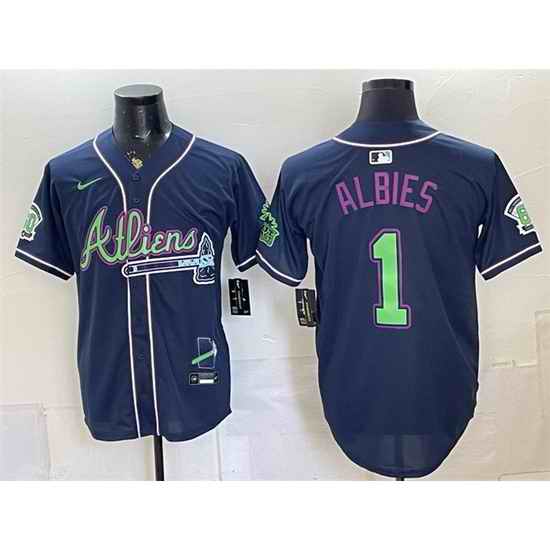 Men Atlanta Braves  1 Ozzie Albies Navy Galaxy With Outkast Patch Vapor Limited Stitched Baseball Jersey