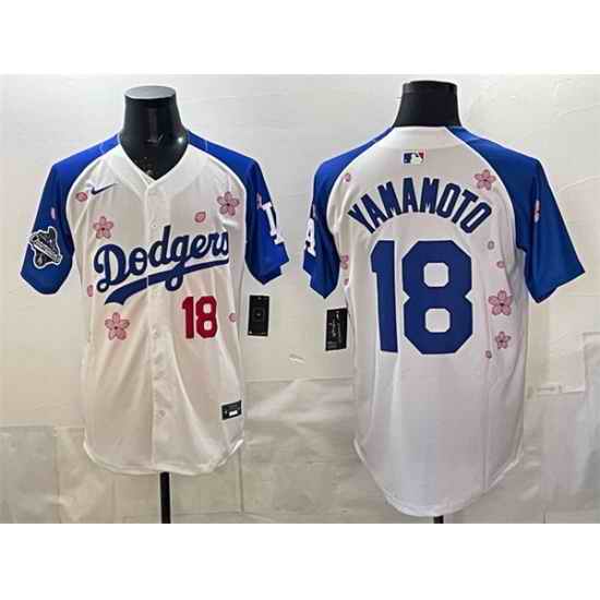 Men Los Angeles Dodgers 18 Yoshinobu Yamamoto White Royal 2025 World Series Champions Patch Tokyo Series Limited Stitched Baseball Jersey