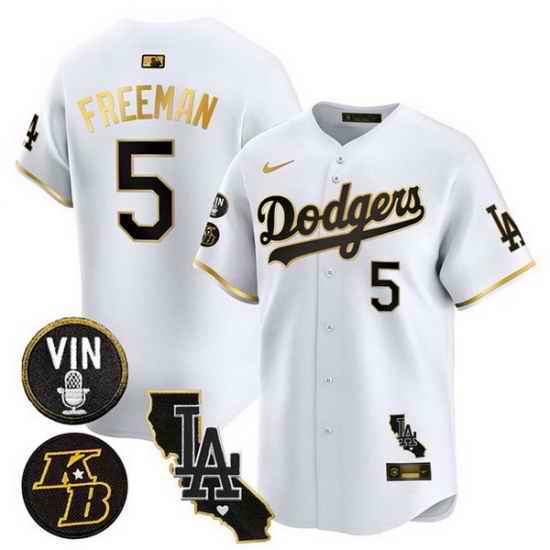 Men Los Angeles Dodgers 5 Freddie Freeman White Gold 2025 Vin  26 Kobe Patch Vapor Limited V2 Stitched Baseball Jersey