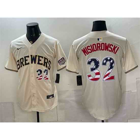 Men Milwaukee Brewers  32 Jacob Misiorowski Cream 2026 USA 250 Fourth of July Home Stadium Stitched Baseball Jersey