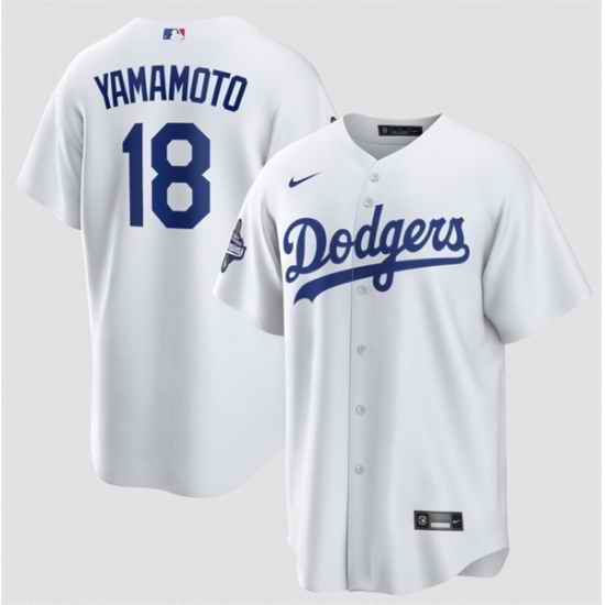 Men Los Angeles Dodgers 18 Yoshinobu Yamamoto White 2025 World Series Champions Patch Cool Base Stitched Baseball Jersey